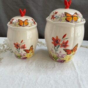 Ceramic Butterfly Floral Canister Set 2pc Cream Monarch Finial Jars Cottagecore